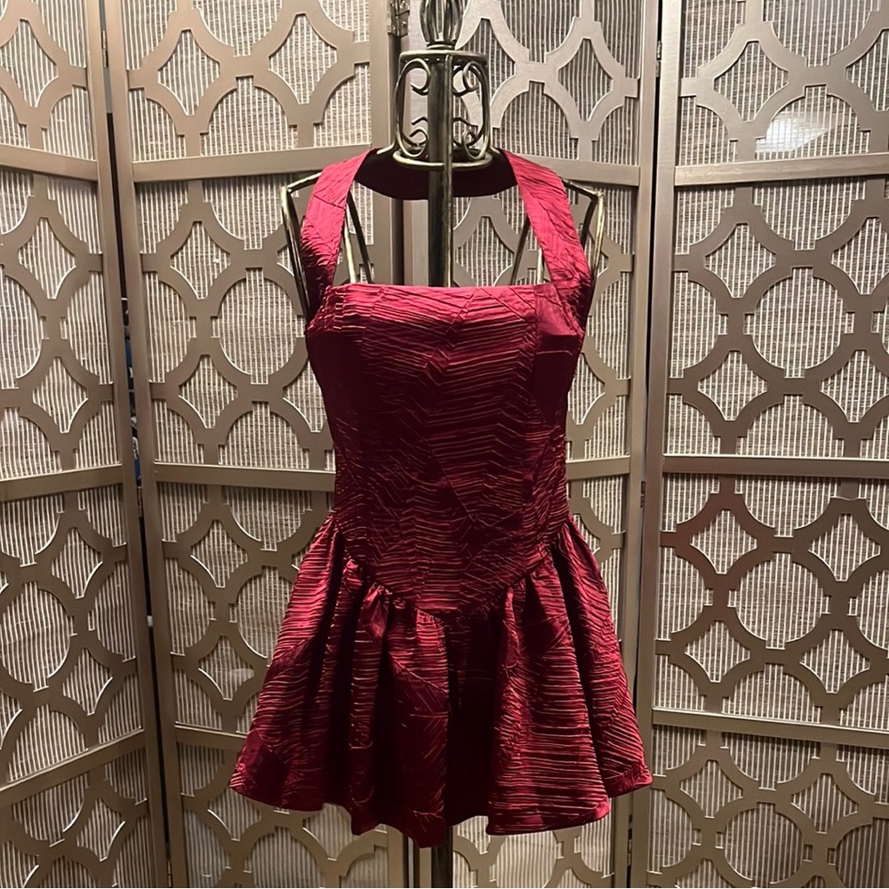 Red Textured Halter Mini Dress